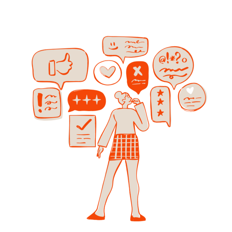 Choose your focus for your reading A confused woman stands in front of many conflicting options